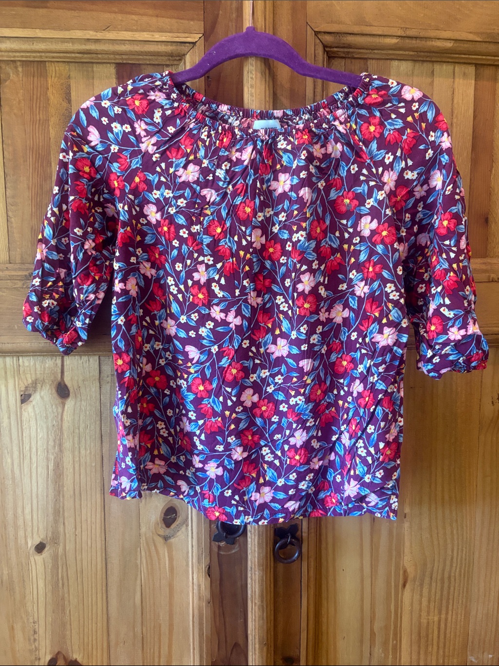 Old Navy Purple Floral Peasant Top With Red And Pink Flowers